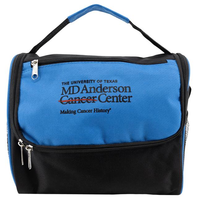 Blue and black lunch bag with the black MD Anderson logo displayed on the front.