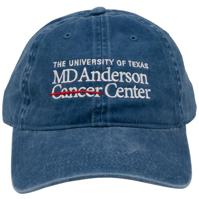 Denim baseball cap with the MD Anderson logo displayed in white on the front.