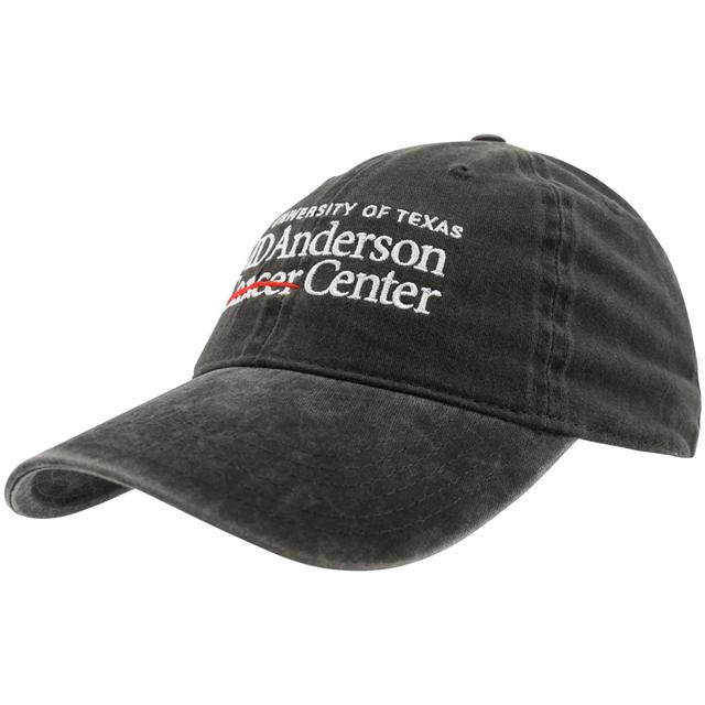 Black denim baseball cap with the MD Anderson logo displayed in white on the front.