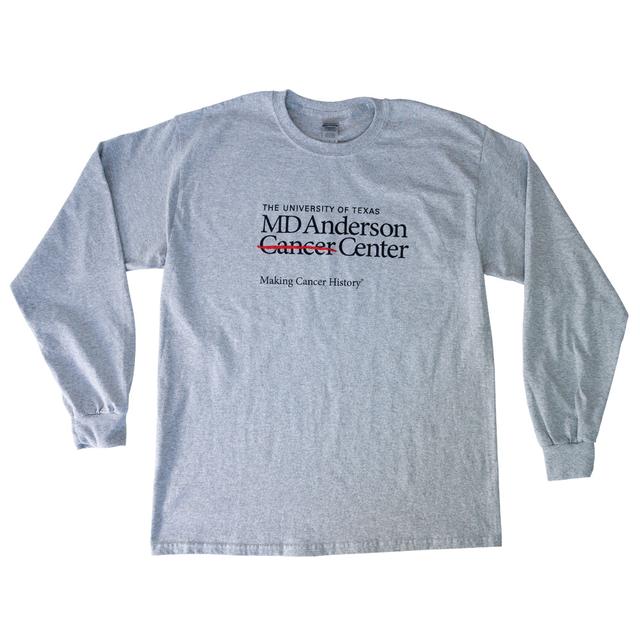 Grey t-shirt featuring the black MD Anderson logo on the chest area.