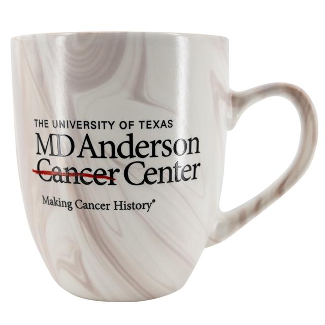 Marbled ceramic mug featuring the black MD Anderson logo.