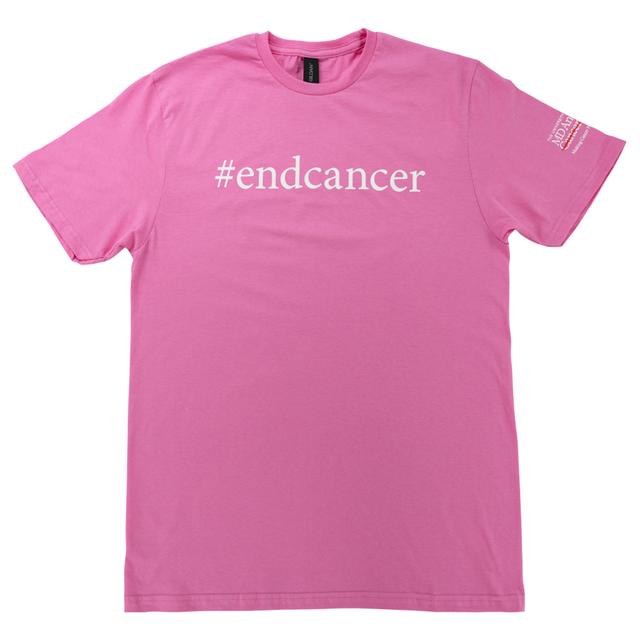 Pink T-shirt featuring #endcancer slogan on the front, accompanied by the MD Anderson logo displayed on the sleeve.