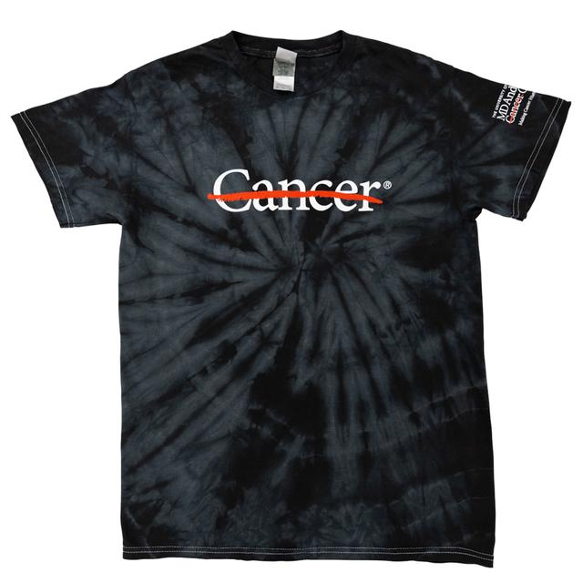 Black tie-dye t-shirt featuring the white cancer strikethrough logo on the front, with the full MD Anderson logo displayed on the sleeve.